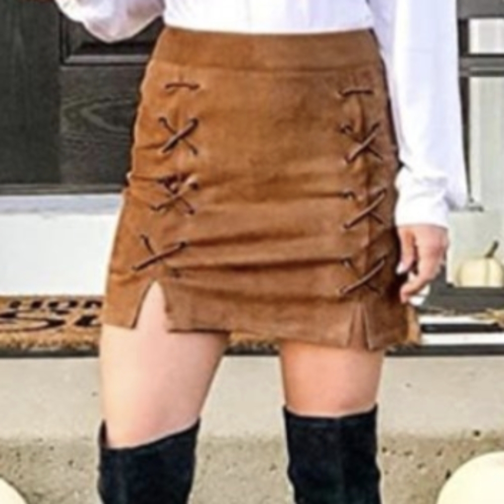 Faux Suede Corset Mini Skirt Lace Up Bodycon Back Zip Pumpkin Spice Boho Hippie